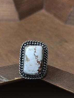 White Wild Horse Turquoise Statement Ring with Silver-tone Rope Frame